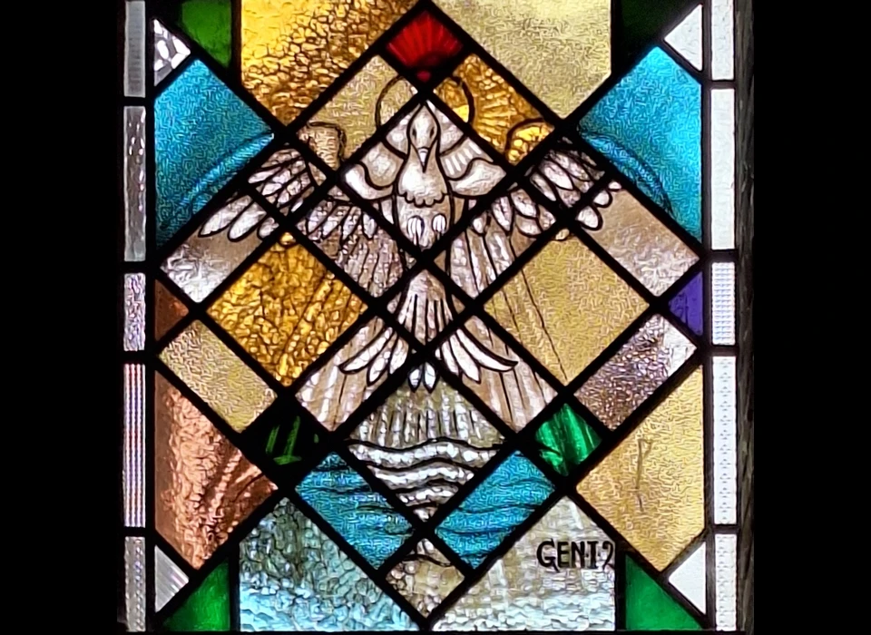 Amstelveenseweg 965 Augustinuskerk Augustinuskapel detail glas-in-lood venster Genesis 2 (OT) is een verwijzing naar de schepping van hemel en aarde in 7 dagen (2025)