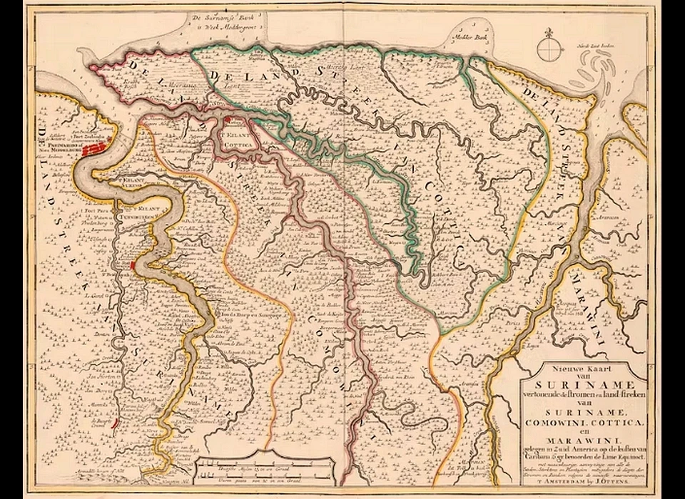 Nieuwe Kaart van Suriname vertonende de Stromen en Land-Streken van Suriname, Comowini, Cottica, en Marawini gelegen […] met naauwkeurige aanwyzinge van alle de Steden, Sterktens en Plantagien. (J.Ottens, Amsterdam, ca.1718)
