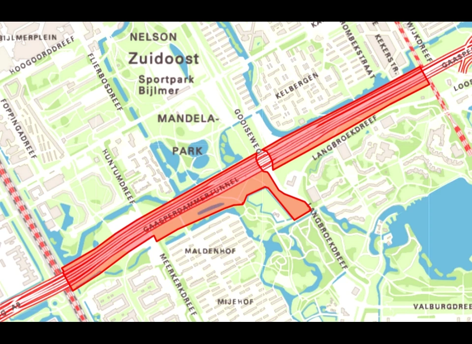 Brasapark plattegrond rode aftekening over Gaasperdammertunnel