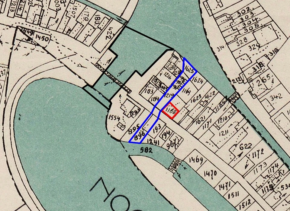 Buiksloterdijk bij Noord-Hollandskanaal, rode rechthoek is huis 254, blauwe rechthoek is voormalige smalle water tussen Meersloot en Buiksloter trekvaart, zwarte veelhoek is de doorgegraven Buiksloterdijk ten behoeve van het Noord-Hollands kanaal (1920)