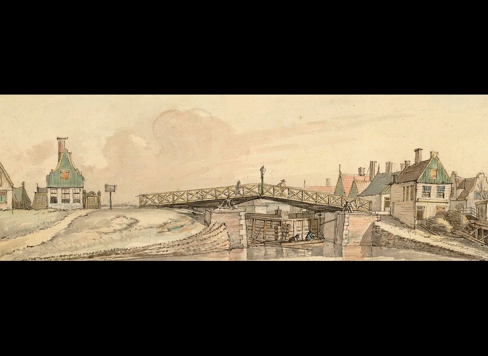 Buiksloterdijk van zwaaikolk naar sluis, dijk en Meersloot, rechts naast 'groene' huis het huis A13 nog net zichtbaar (ca.1810)