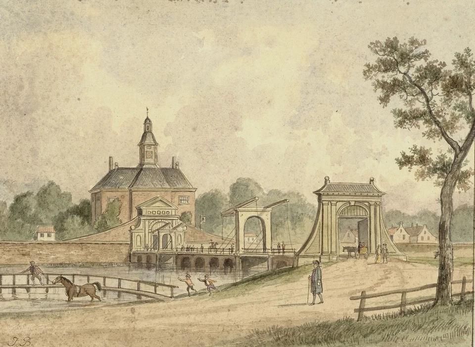 Singelgracht met Utrechtsepoort, paard in paardenwed (Jan Bulthuis, 1780)