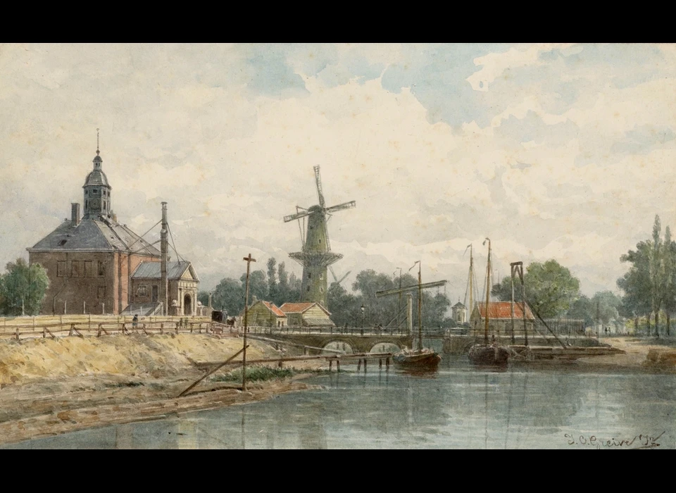 Singelgracht met links de Utrechtsepoort. Op de achtergrond de stenen molen op het bolwerk Westerblokhuis (Johan Conrad Greive jr, 1859)