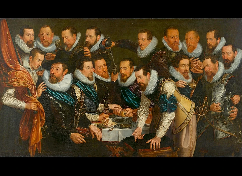 Herengracht 223 Maaltijd van zeventien schutters van de Handboogdoelen onder kapitein Geurt van Beuningen (Jan Tengnagel, onderste rij 2de van rechts, 1613)
