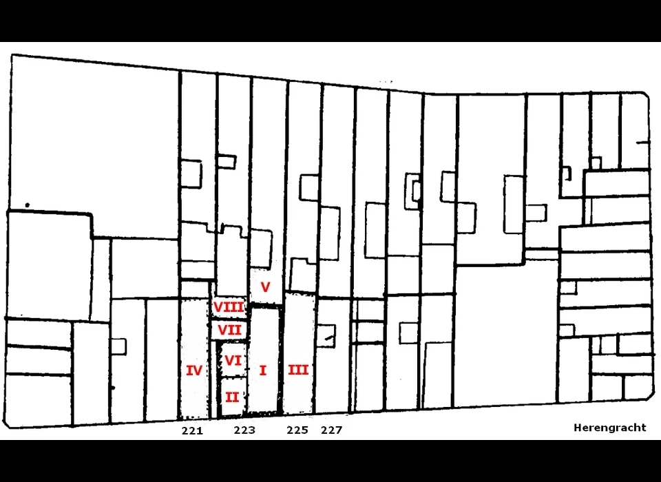 Herengracht 221-227 de diverse erven zoals in de tekst beschreven (1593)