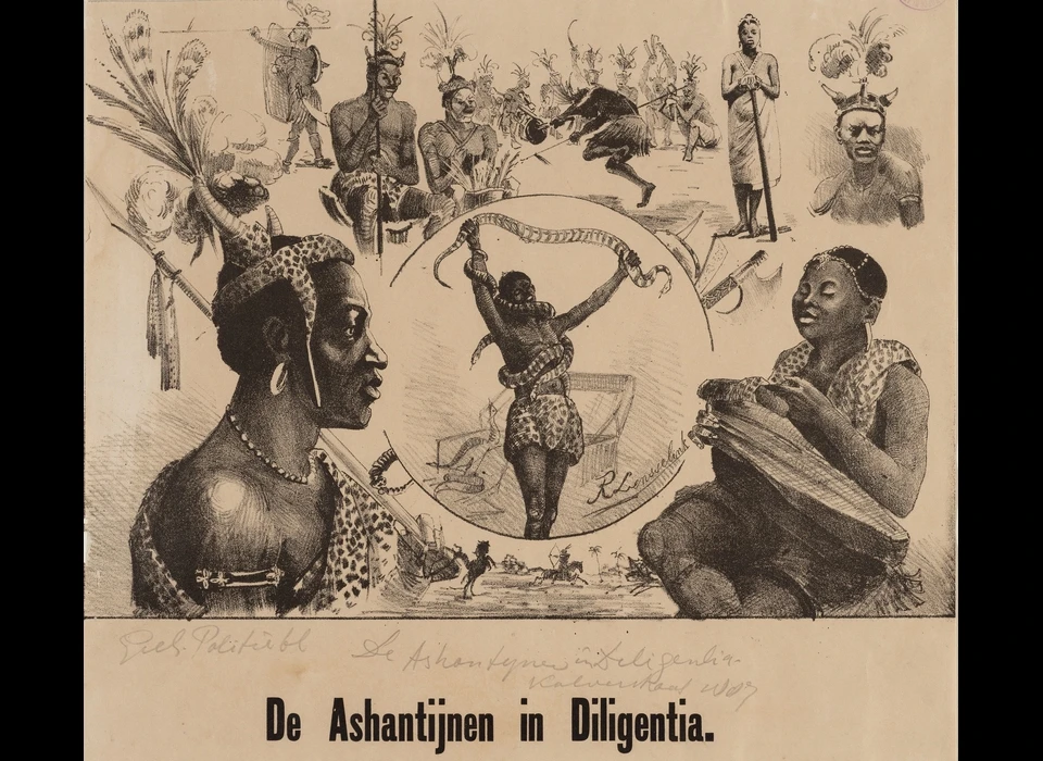 Kalverstraat 122 aankondiging van optreden van leden uit de Ashanti-stam in Schouwburg Diligentia (1887)