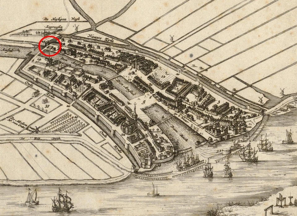 Amsterdam plattegrond naar Christoffel van Hartoghvelt, in de cirkel de Bindwijkerpoort (1342)