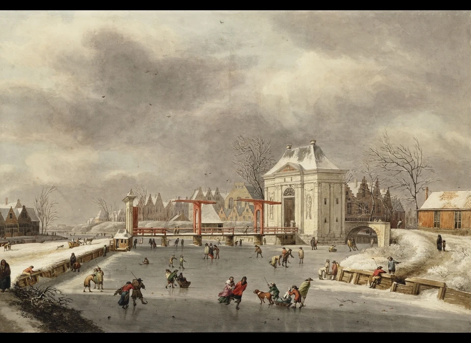 Herengracht 3de Heiligewegspoort naar situatie van 1656, rechts naast de poort toegang tot de Heiligeburgwal die verbinding vormde naar Singel, nu Koningsplein (H.Numan, 1808)