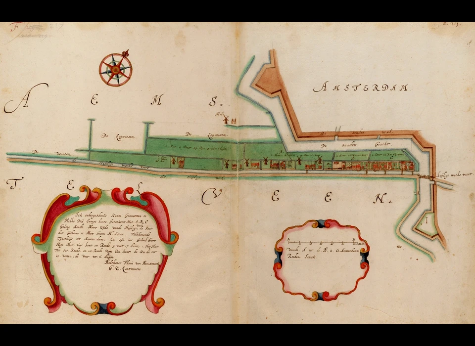 Overtoom tot Koningsplein met 3de Heiligewegspoort (rechts) opmetingen B.F.van Berckenrode (1628)