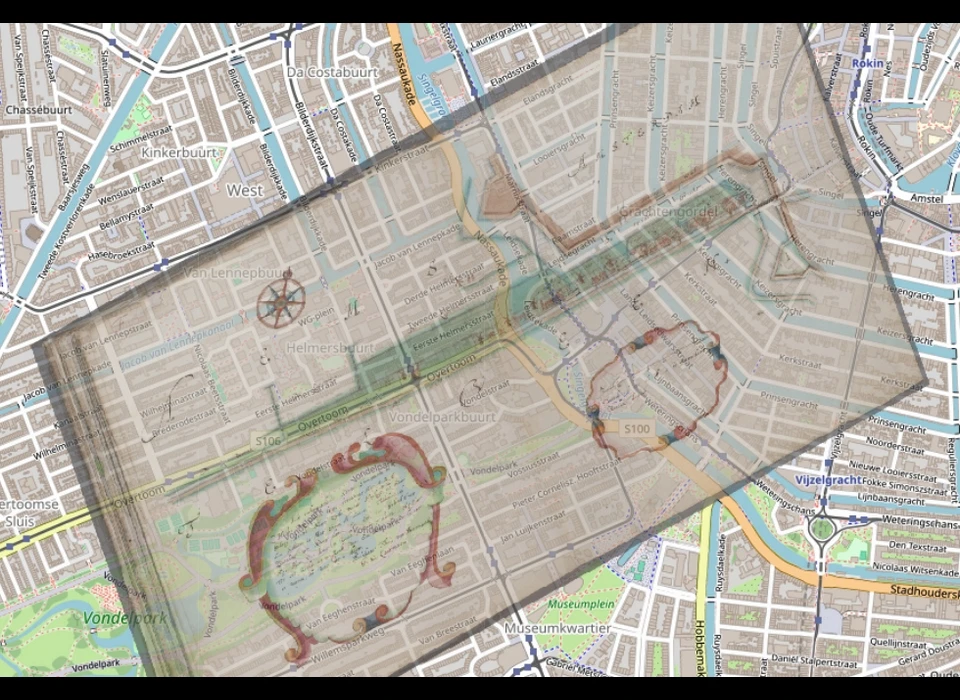 Overtoom tot Koningsplein met 3de Heiligewegspoort overlay op huidige plattegrond opmetingen B.F.van Berckenrode (1628)