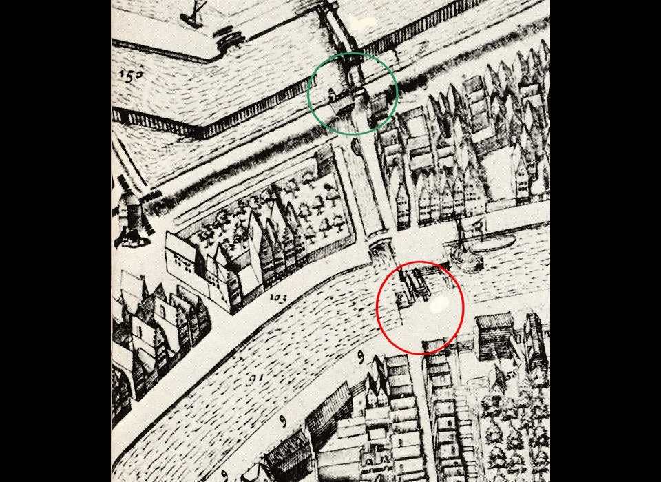 Kaartfragment met 1ste Heiligewegspoort in rode cirkel (plattegrond Herman Alardsz naar Pieter Bast, 1599)