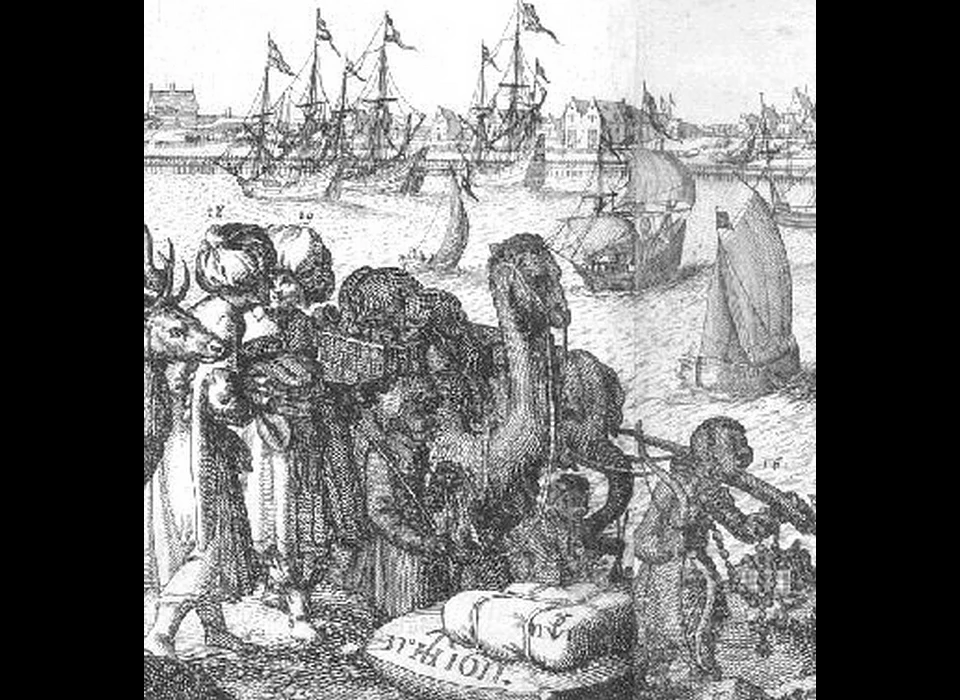 IJ uitsnede uit grotere tekening van Pieter Bast met een met balen beladen kameel en ‘een Tartaar en een Persiaan’ (1611)