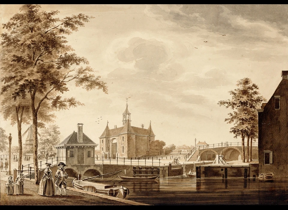 Leidseplein Leidsepoort links de Roomolen gezien vanaf Lijnbaansgracht (C.Jacobsz. Philips, 1764)