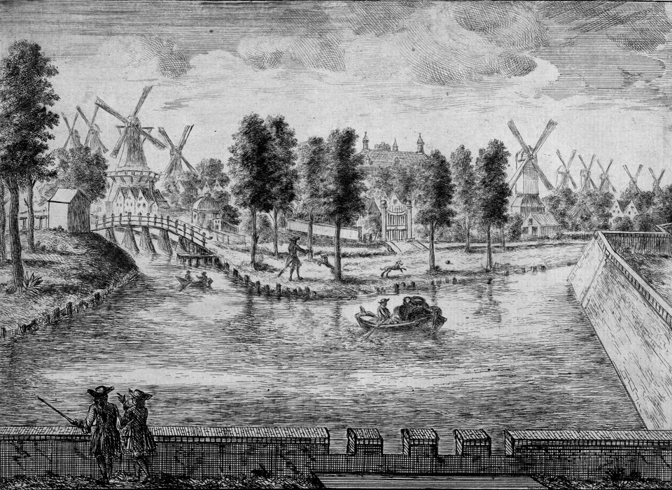 Singelgracht gezien naar het begin van de Overtoom (links) en de Singelweg. Rechts ommuring bolwerk Sloten (ca.1700)