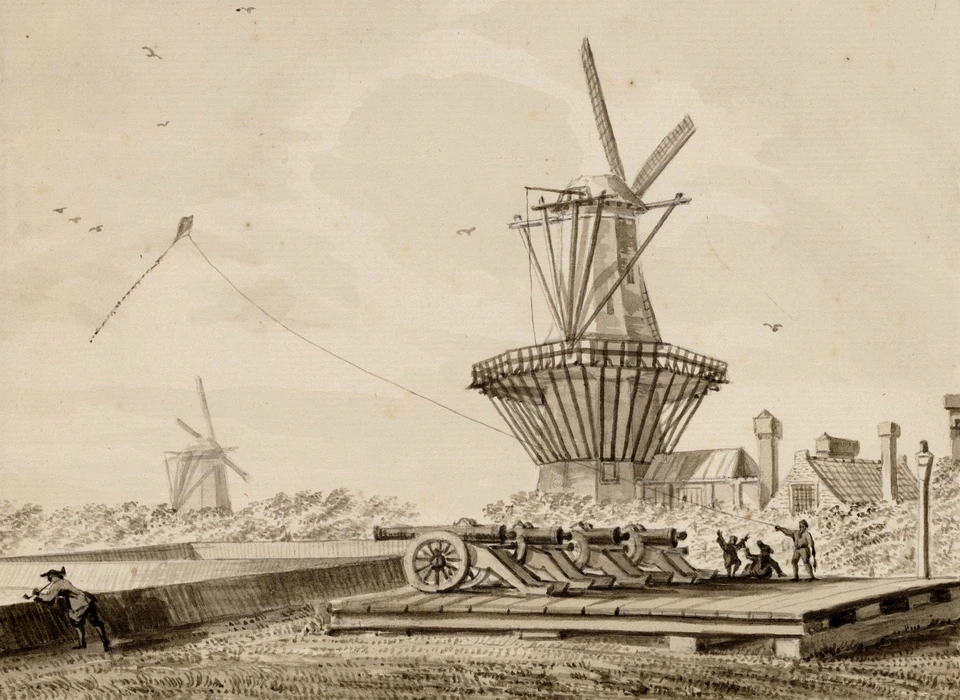 Vanaf de Groote Manege aan de Lijnbaansgracht naar Bolwerk Sloten met molen De Liefde (B.Barbiers, ca.1775)