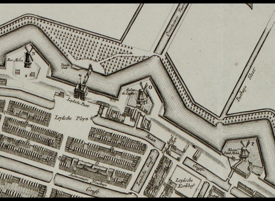 Plattegrond met midden Bolwerk Sloten, molen De Liefde en Leidsepoort (Gerrit de Broen, 1737)