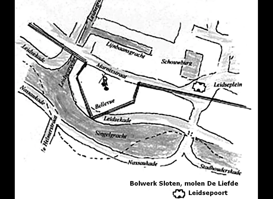 Plattegrond met locatie Bolwerk Sloten en huidige stratenloop