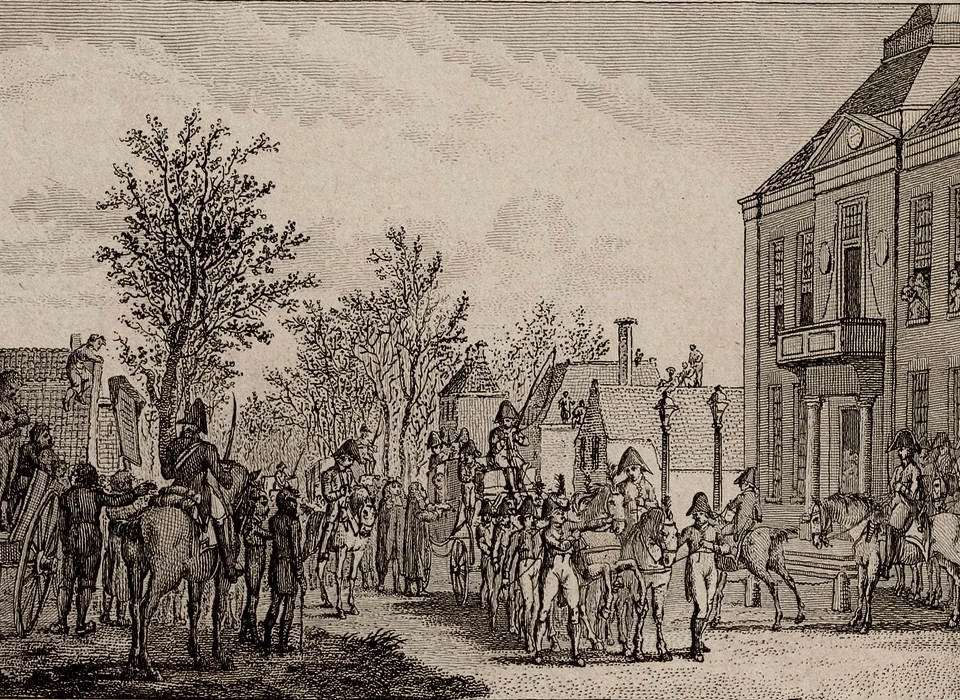 Middenweg, hoge gebouw in midden is bij benadering de latere plek van café Oost-Indië (Abraham Vinkeles (1790-1864), 1816)