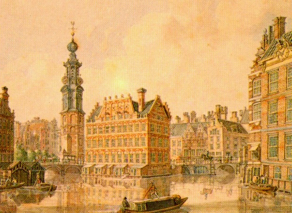 Muntplein 12 Munttoren met Engelse huizen van John Jordan, gebouwd langs het Singel waar nu de Muntsluis is (Jan de Beijer, 1766)