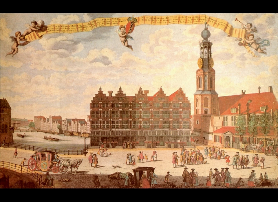 Muntplein 12 Munttoren en Engelse huizen (bouwheer John Jordan), gebouwd langs het Singel waar nu de Muntsluis is (1730)