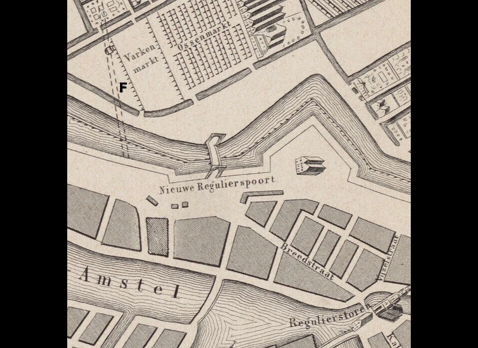 Rembrandtplein plattegrond met plaats van de Regulierspoort (stippellijn bij F is Utrechtsestraat) (ca.1645)