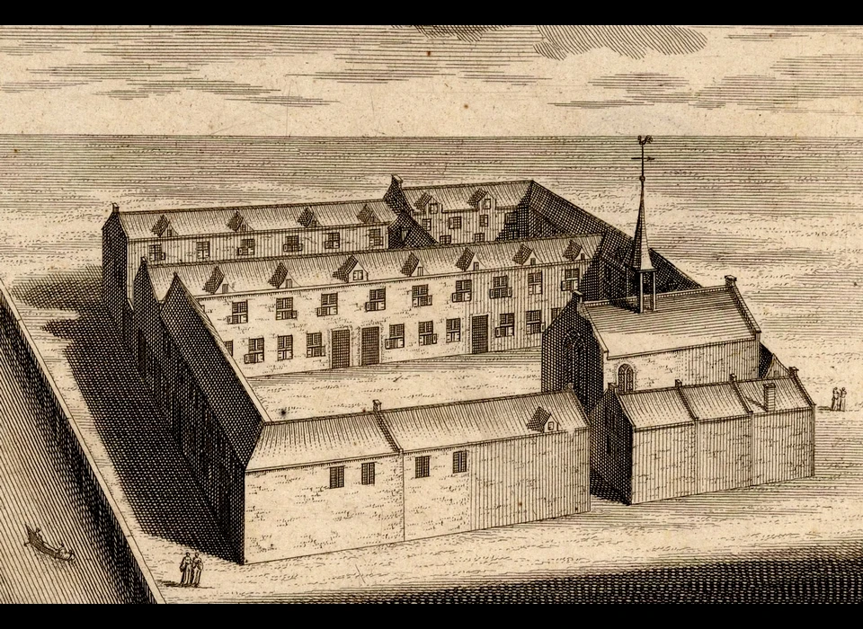 Nes 45-55 Sint Margarethaklooster 1544 rechts is de Nes op een tekening uit 1725