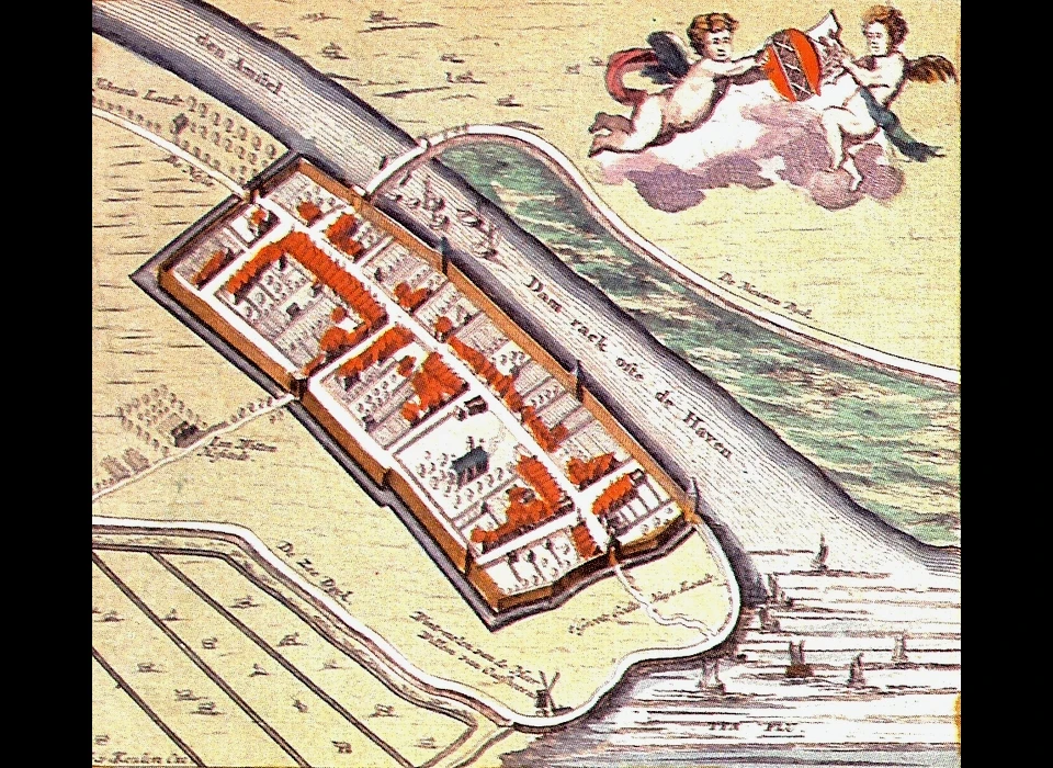 Amsterdam gereconstrueerde plattegrond (J.de Ram) linksboven het water 't Spoeye, de toenmalige zuidgrens van de stad, waar later het turfpakhuis over gebouwd wordt (ca.1300).