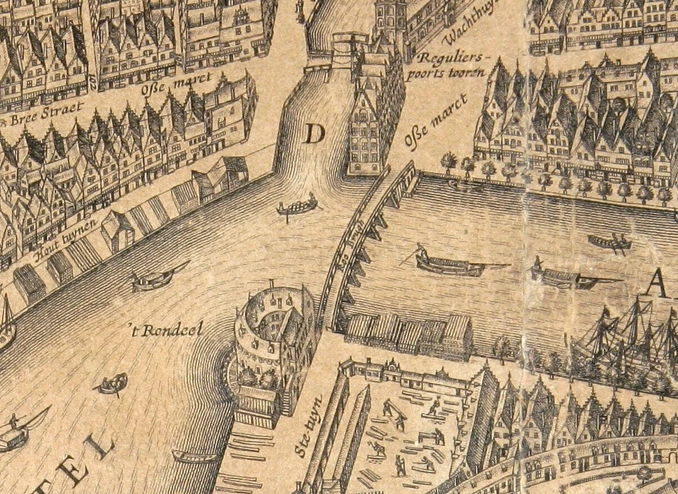 Rondeel en Roobrug naar Ossemarkt, Engelse huizen en Regulierspoort. Aan de overzijde is de Amstel inmiddels bebouwd. (Balthazar Florisz. van Berckenrode, ca.1625)