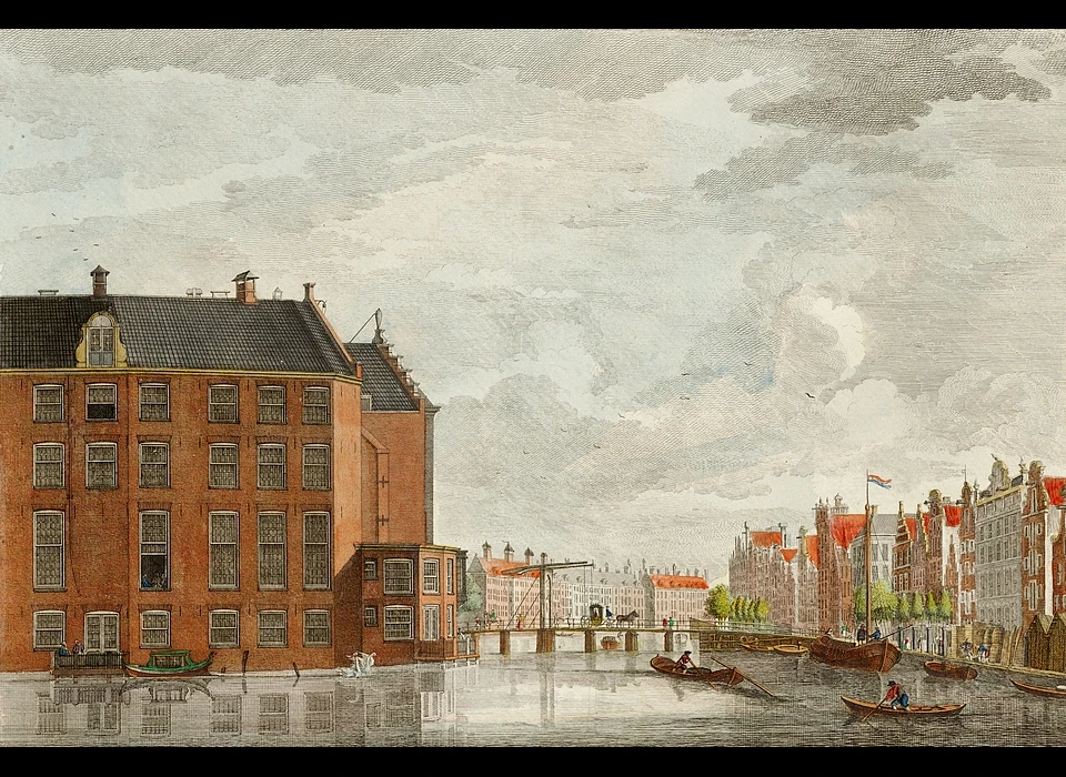 Links logement Het Rondeel, midden Halvemaansbrug, rechts Amstel 28-84 (Pierre Fouquet (1729-1800), 1760)
