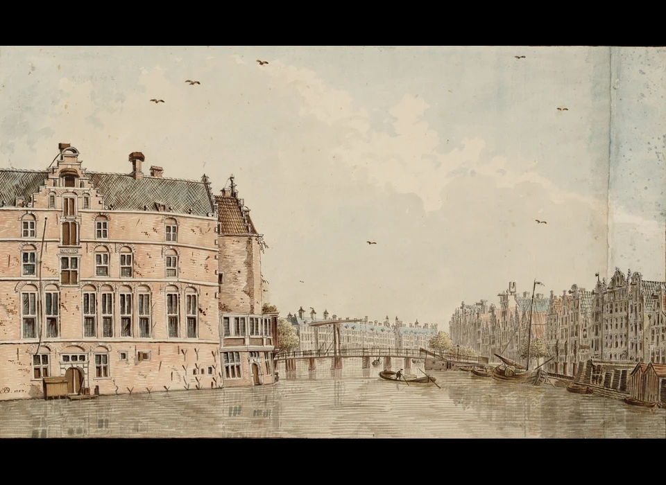 Links logement Het Rondeel, midden Halvemaansbrug, rechts Amstel 28-84 (Jan de Beijer (1703-1780), 1757)