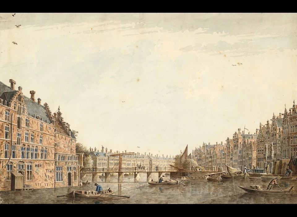 Links logement Het Rondeel, midden Halvemaansbrug, rechts Amstel 28-84 (1775)