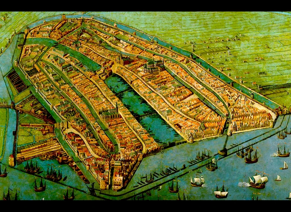 Plattegrond Amsterdam met ommuring langs Singel, Kloveniersburgwal en Geldersekade (Cornelis Anthonisz, 1538)