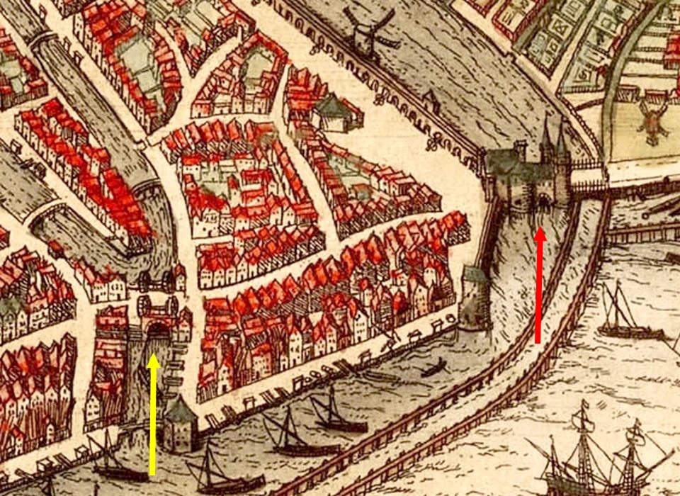 Detail van plattegrond door Georg Braun en Franz Hogenberg, gele pijl 1ste Haarlemmerpoort, rode pijl 2de Haarlemmerpoort (1572)