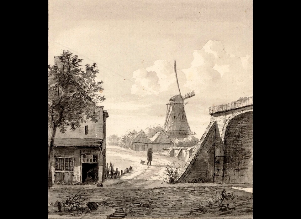 Marnixstraat Bolwerk Slotermeer molen De Hooiberg, op de voorgrond rechts de Zaagmolenpoort (H.G.ten Cate, 1829)