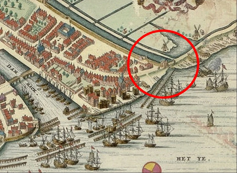 Locatie van de 1ste Haarlemmerpoort bij Nieuwendijk-Martelaarsgracht op kaartdetail naar situatie anno 1420 door Nic.Visscher (1664)