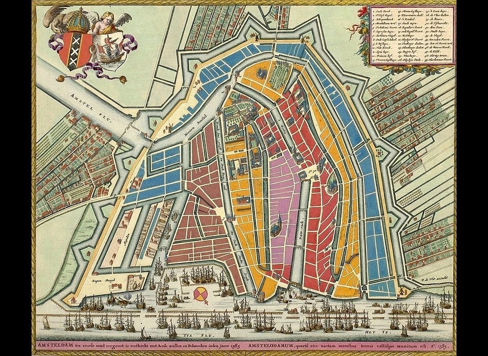 Plattegrond Amsterdam Eerste en Tweede Uitleg naar Herengracht en Nieuwe Herengracht (blauwe band) (Nic.Visscher, uitgave 1664, situatie 1585-1592)