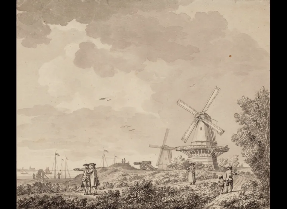 De molens De Vervanger op bolwerk De Bocht en daarachter De Bok op bolwerk Blauwhoofd (Anthony Andriessen, 1773)