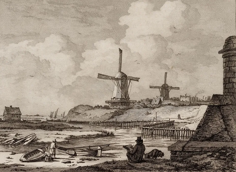 Bolwerk De Bocht gezien vanaf Westerbeer naar het Blauwhoofd. In het midden molen De Vervanger en rechts molen De Bok. (Izaak Jansz. de Wit (1744-1809), 1803)