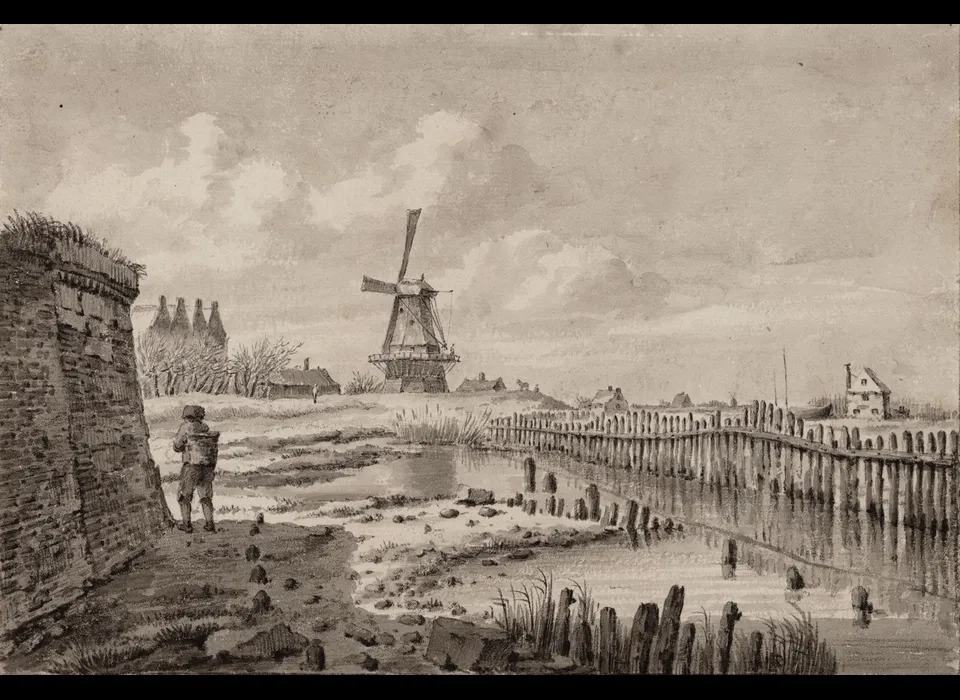 Blauwhoofd gezien naar bolwerk De Bocht met molen De Vervanger (Jan H.Hulswit (1766-1822), circa.1810)