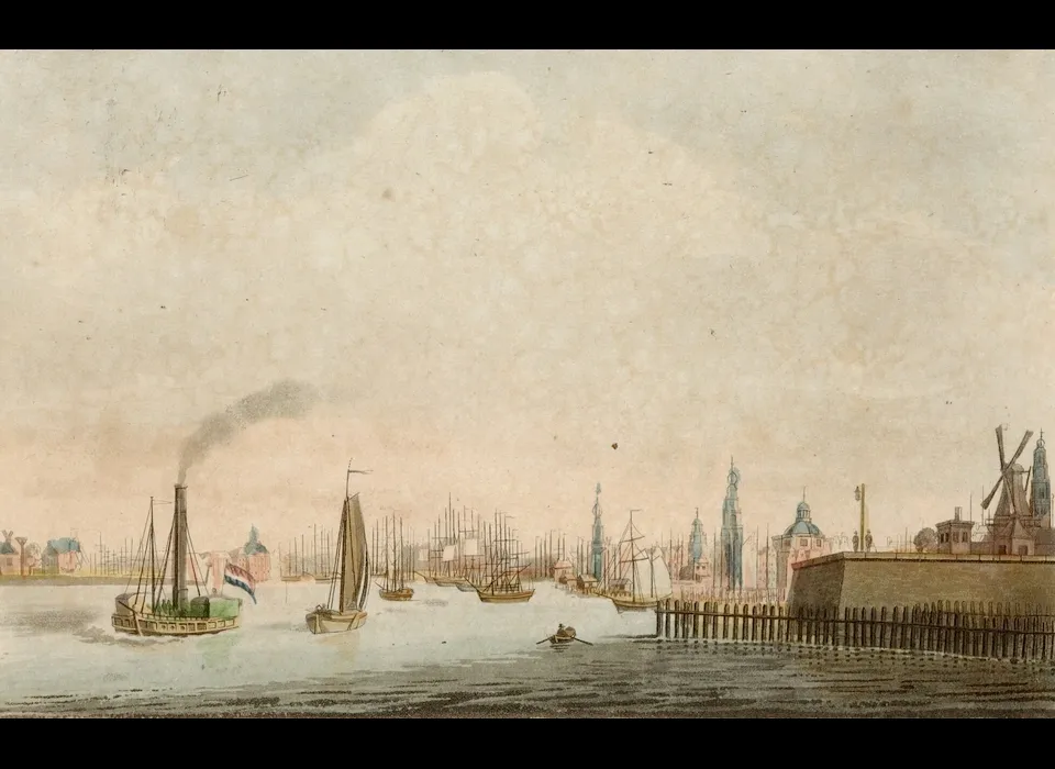 Profiel van Amsterdam gezien van bolwerk Blauwhoofd (rechts) in oostelijke richting. Geheel links het Tolhuis. Op voorgrond de stoomraderboot Mercurius (Evert Maaskamp (1769-1834), 1828)