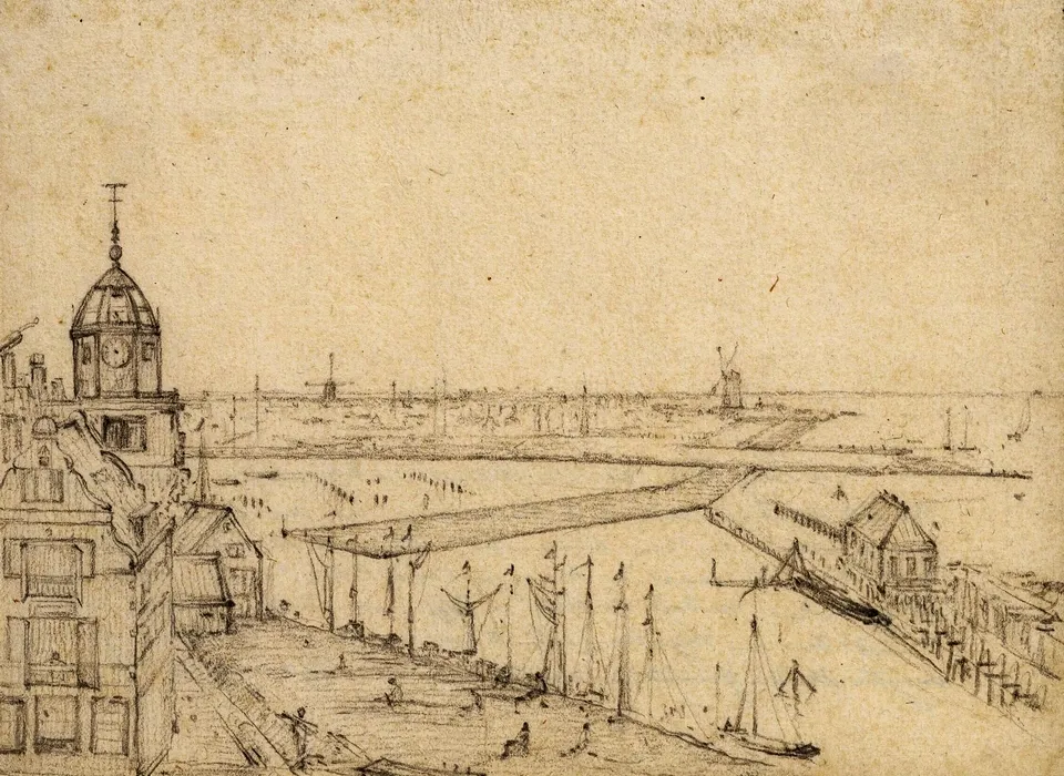 Geheel links het hoekhuis met de Martelaarsgracht en daarachter de Haringpakkerstoren. Rechts de Haarlemmerboom. In het midden de Westerdoksdijk in aanleg, met in de verte de molens De Bok op bolwerk Blauwhoofd (rechts) en De Vervanger op bolwerk de Bocht (links). (1829)