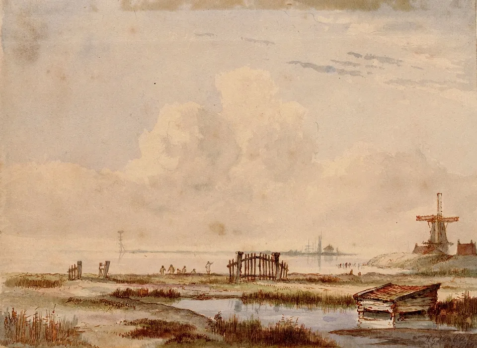 Gezicht buiten de Haarlemmerpoort naar het Blauwhoofd (rechts) met korenmolen De Bok en het IJ (1844)