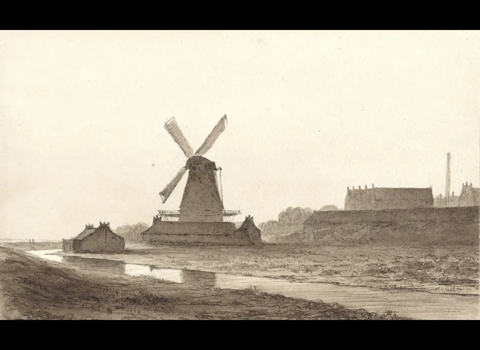 Rechts bolwerk Leeuwenburg / Blauwhoofd midden houtzaagmolen Het Klaverblad (Hendrik Abraham Klinkhamer, 1853)