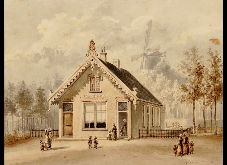 Bewaarschool 't Smallepad aan het Smallepad (Planciusstraat) met daarachter molen De Vervanger (Petrus Josephus Lutgers (1808-1874), 1780)