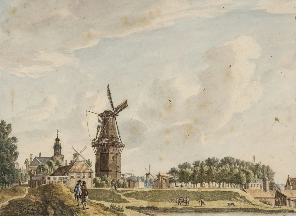 Bolwerk Westerbeer met links de Haarlemmerpoort, in het midden molen de Beer en rechts de Stenen Beer, een waterkering (Jan de Beijer (1703-1780), 1756)