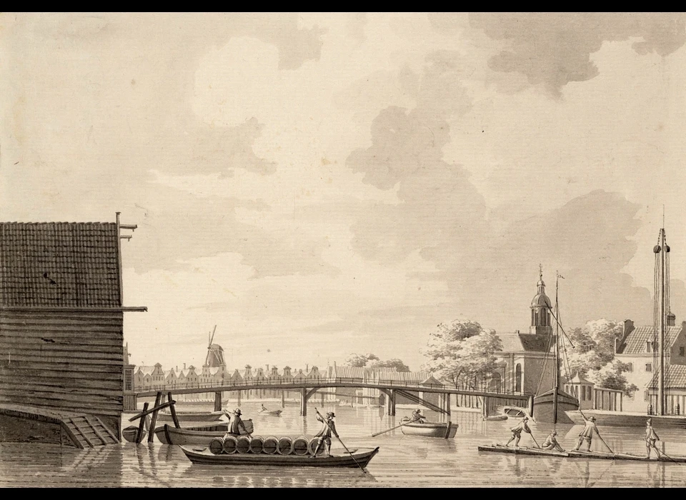 Gezicht op bolwerk Westerbeer over de Eilandsgracht vanaf Haarlemmer Houttuinen rechts Bickerseiland met Eilandskerk (Hendrik Keun, 1769)