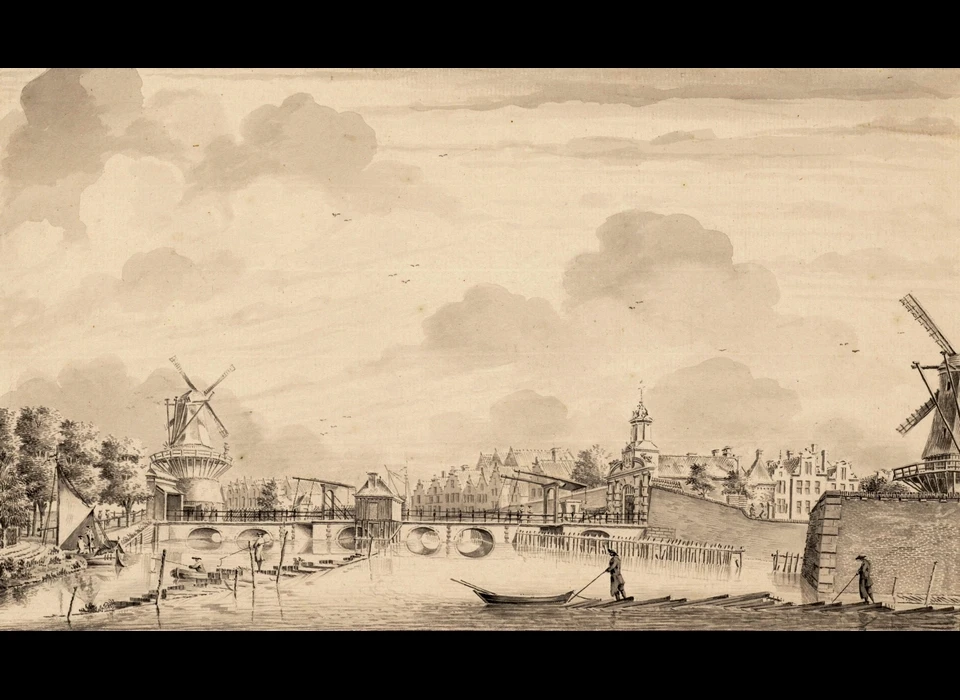 Gezicht op bolwerk Westerbeer links met molen de Beer, midden Haarlemmerpoort en rechts molen de Kraai op bolwerk Sloterdijk (Dirk Verrijk (1734-1786), 1770)k