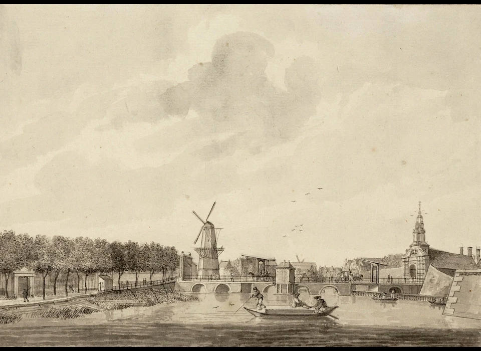 Rechta Haarlemmerpoort en bolwerk Sloterdijk, links molen de Beer op bolwerk Westerbeer (Herman P.Schouten (1747-1822) of Johannes Schouten (1716-1792), 1780)