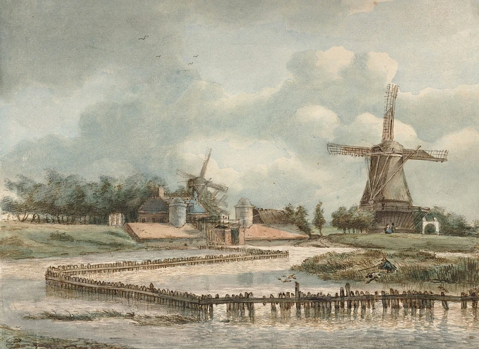 Bolwerk Westerbeer, in midden de Stenen Beer, een waterkering, en molen de Beer, rechts molen de Koe (Albertus Brondgeest, 1805)