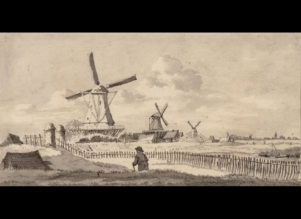 Gezien van bolwerk Westerbeer in zuidweselijke richting links molen de Koe, midden molen de Grote Otter rechts molen de Zeeuw (H.G.ten Cate, 1835)